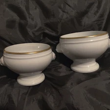 Apilco France 2 Porcelain Lions Head Soup Bowl Tureen Gold Rim White 