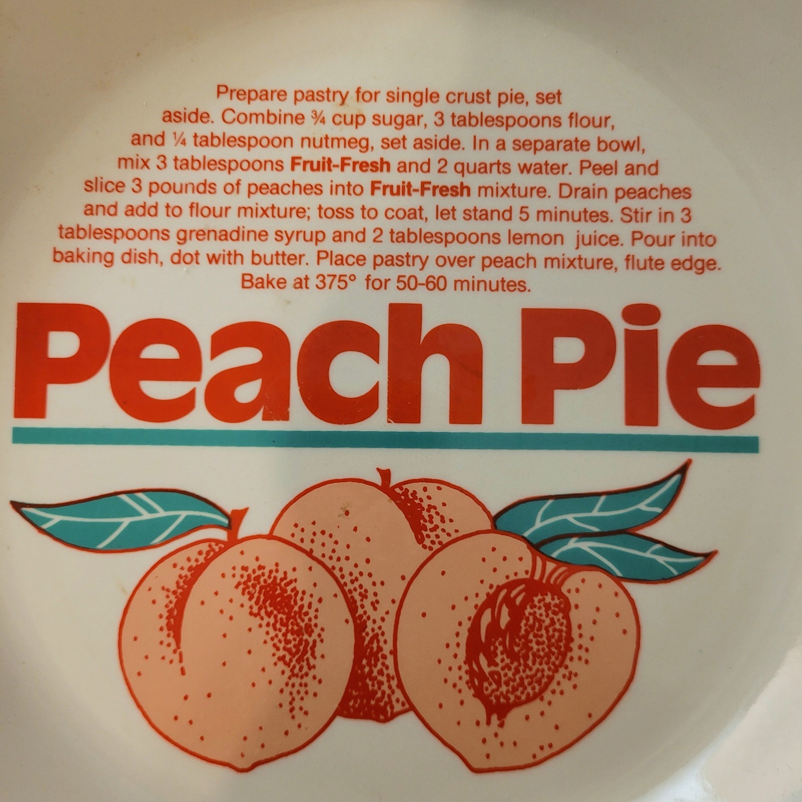 Vintage Ceramic Peach Pie Baking Dish With Imprinted Recipe
