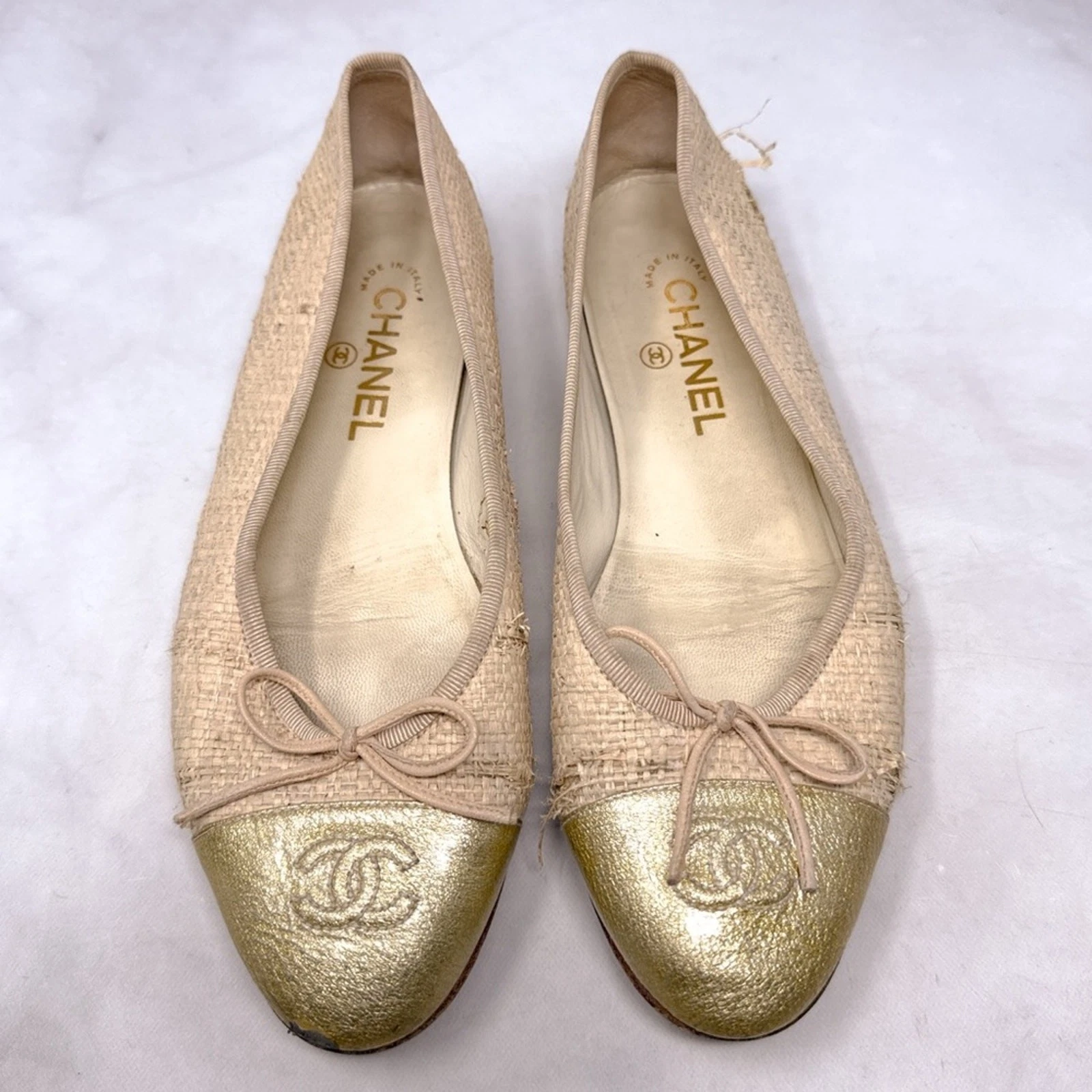CHANEL Vintage Y2K Raffia Woven CC Coco Mark Leather Cap Toe Ballet Flats 38.5