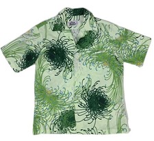 Vintage Hilo Hattie Chrysanthemum Print Green Hawaiian Shirt Men's Size Large L