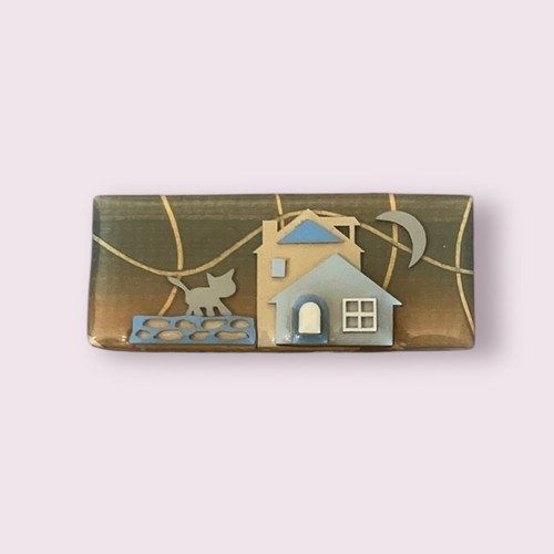 Vintage Haus Anstecknadel von Lucinda Katze Halbmond Acryl Brosche Anstecknadel Rechteck - Bild 2 von 8