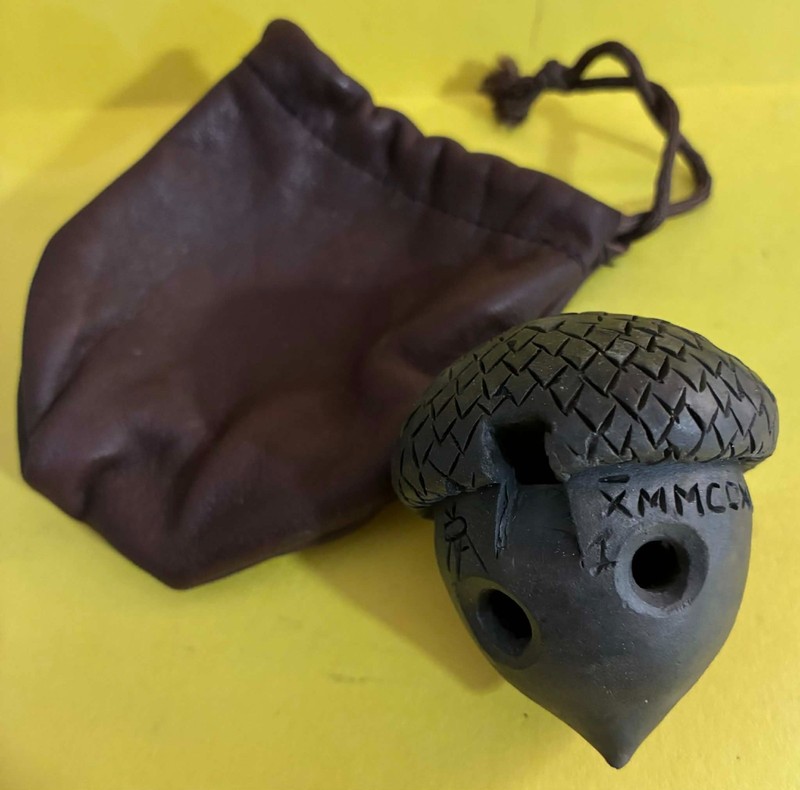 Handmade ceramic OCARINA vessel flute - ceramic w/carrying pouch Acorn Shape