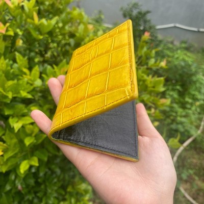 Real Yellow Black Ostrich Leather Cardholder Minimalist Bifold Wallet Handmade