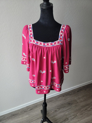 ba&sh BASH Pink Embroidered Top Blouse Womens Clothing Flowy Short Sleeve ~S