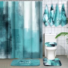8 Pcs Teal Bathroom Shower Curtain Set with Non-Slip Rugs, Towels and Bath Mat,