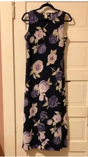 Navy Floral Sheath Maxi Dress Sleeveless Crew Neck Sundress