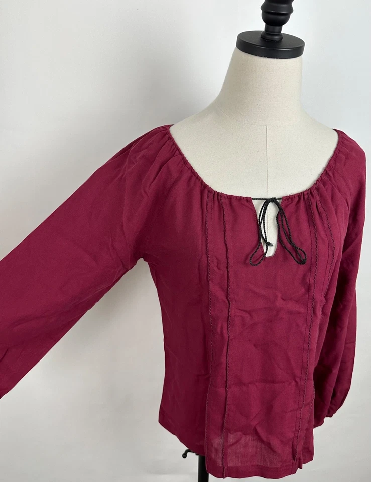 Vintage 70s Peasant Shirt Womens Small Burgundy Oxblood Medieval Blouse Romantic - Image 4 of 4
