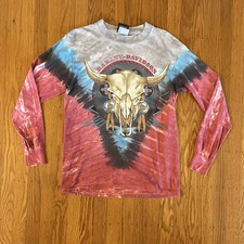Vintage 90s Harley Davidson Long Sleeve Tie Dye Cow Skull Made In USA Sz M