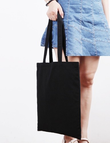 Black 100% Cotton Reusable Eco Shopping Library Travel Carry/Shoulder/Tote Bag - Picture 8 of 9