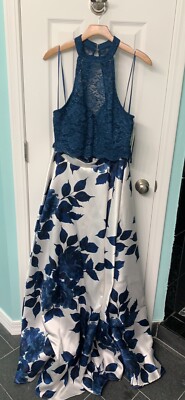 Two Piece Blue Floral Prom Dress | eBay