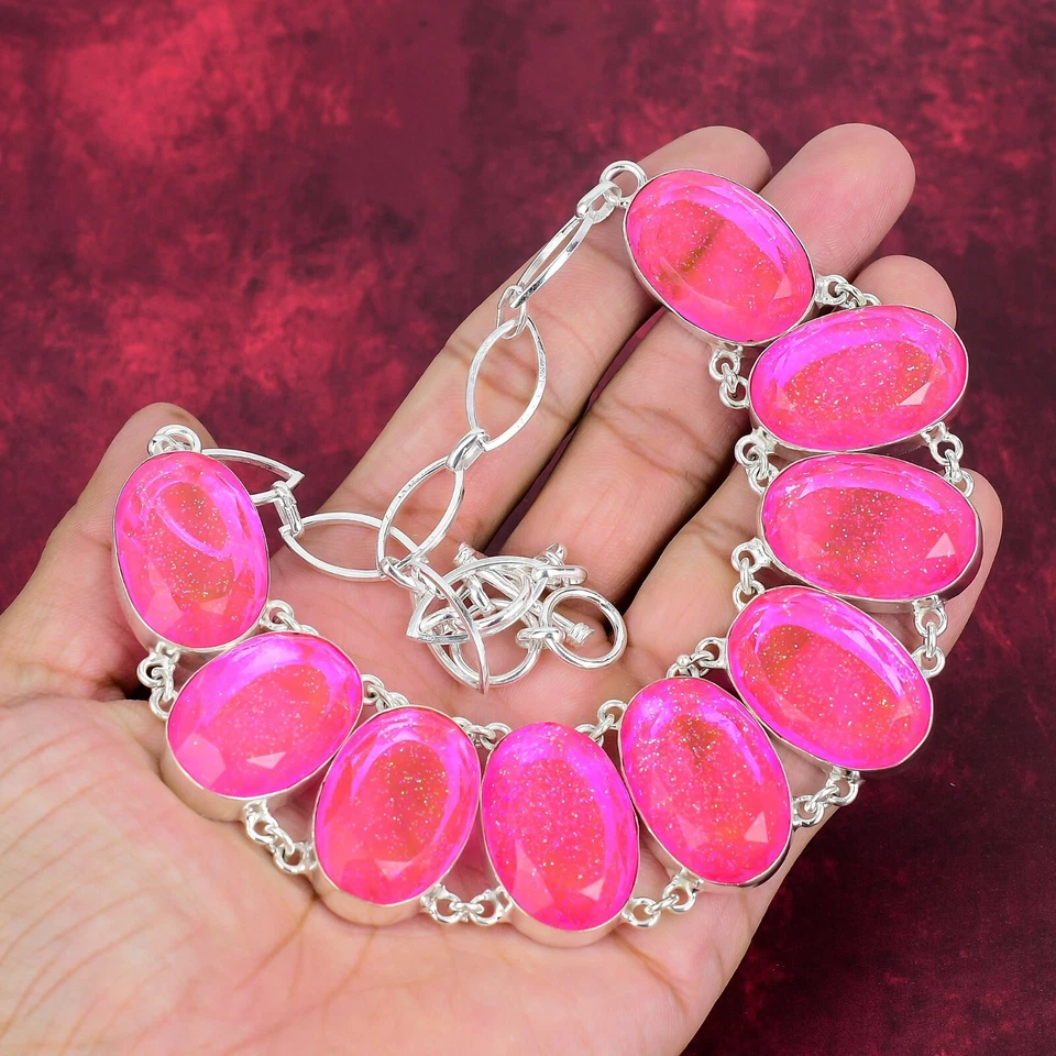 Красивый розовый тройной опал драгоценный камень серебро 925 пробы ожерелье ювелирные изделия ручной работы - Изображение 2 из 4