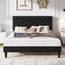 Queen Velvet Upholstered Platform Bed Frame with Adjustable Tufted Headboard