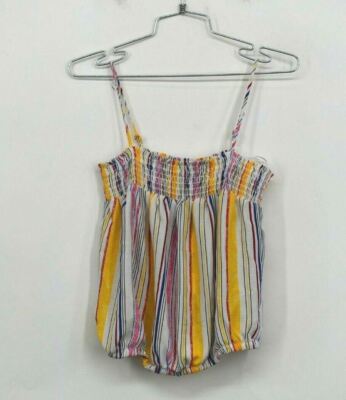 Good Luck Gem Womens Vertical Stripe Smocked Cami Adjustable Straps Cuff Hem M