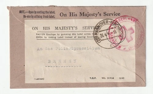 Germany NEDERLAND RED CROSS OHMS cover HANNOVER 26/4/1947 to Bremen BEAUTY