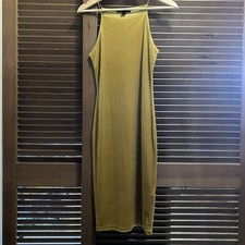 Forever 21 Mustard Yellow Gold Velvet Bodycon Midi Dress Size Small Apron Neck