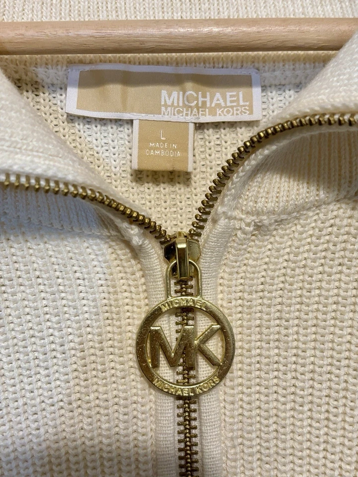Свитер Michael Kors на молнии ребристый пуловер золотистая фурнитура кремовый размер большой - Изображение 4 из 4
