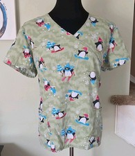 SB Scrub Womens Top X-Large Ski Penguins Christmas Snowflakes Three Pocket