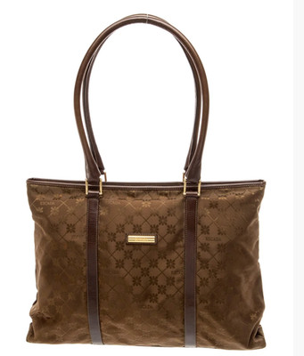 ESCADA Canvas Shoulder Bag Tote Brown Embossed Flowers Leather Trim
