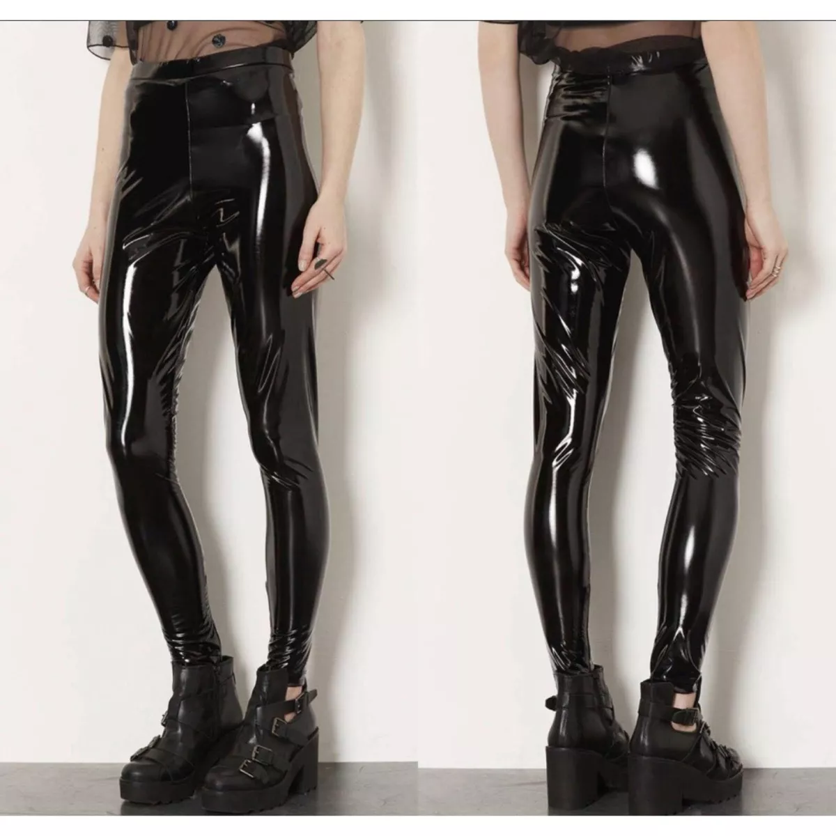 Topshop Vinyl Wetlook Leggings Side Zip Size 10 Black 16C04M