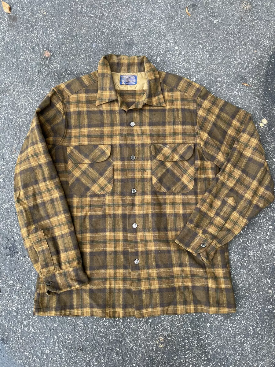 Vintage 1950s-60s Pendleton Wool Board Shirt Plaid Loop Collar Flap Pockets Med