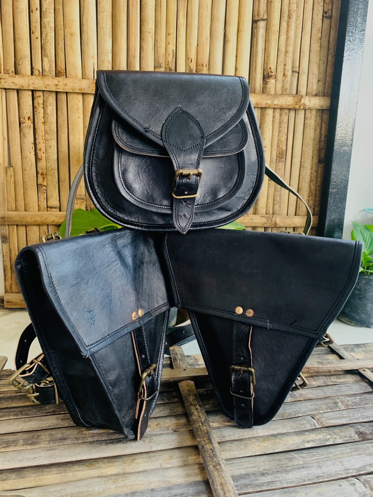 Sacoche de selle moto vintage en cuir noir fait main 2 pièces pour motard et custom