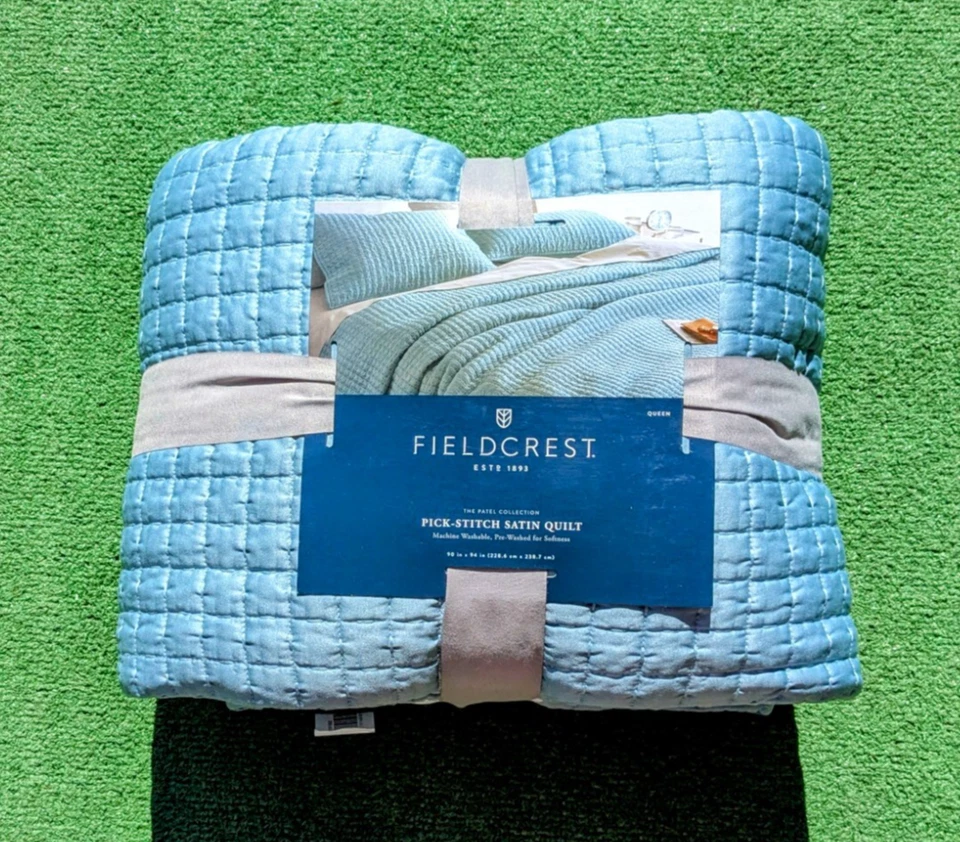Aqua Fieldcrest The Patel Collection Pick-Stitch Quilt Queen+Satin Sham NWT - Image 3 of 4