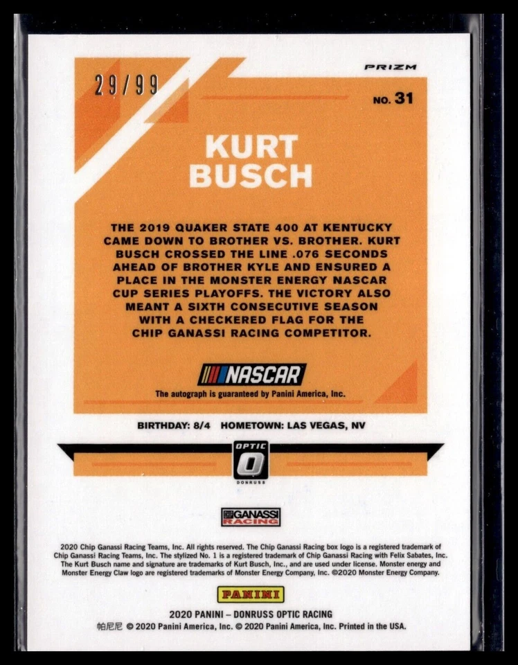 2020 Donruss Racing NASCAR Optic Signatures #31 Kurt Busch #29/99 - Image 2 of 2