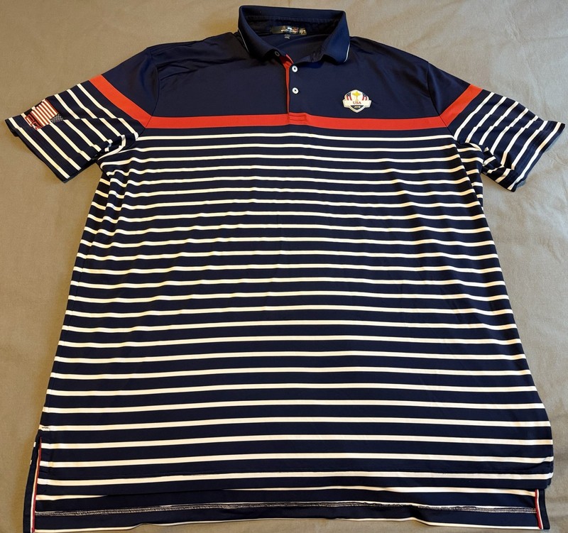 RLX Ralph Lauren Golf Polo Shirt Mens XXL Blue Stripe USA Ryder Cup 2018