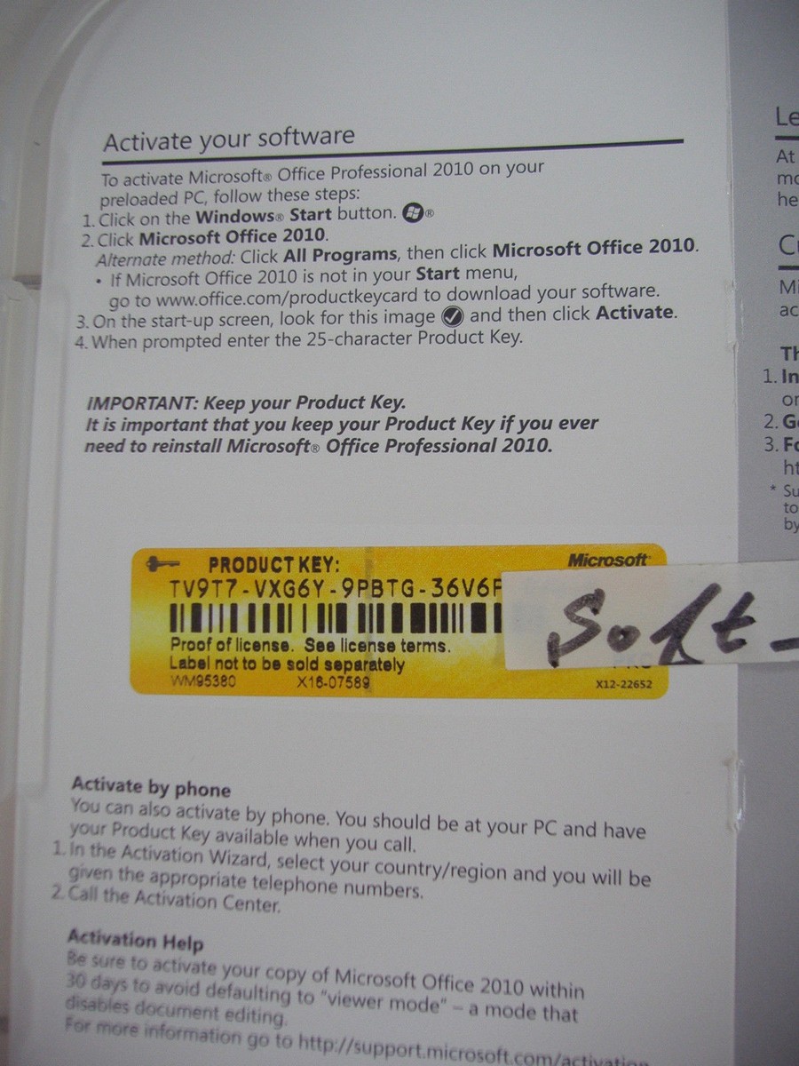 Microsoft Office 2010 Professional Product Key Card (PKC) MS PRO