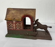 Vtg 1880s J&E Steven's Cast Iron Mule Donkey Enters Barn Mechanical Bank (Copy?)