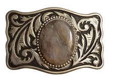 VTG Agate GEMSTONE W/Floral Design Handcrafted WESTERN COWBOY 2.75  Belt Buckle