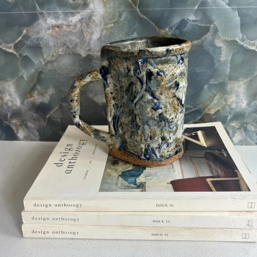 Studio Art Pottery Mug Blue White Swirl Speckled Textured Glazed