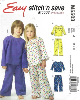 Boy's Girl's Kid's Pajamas Sleep Top Pants Sewing Pattern UNCUT Child Size 1 2 3