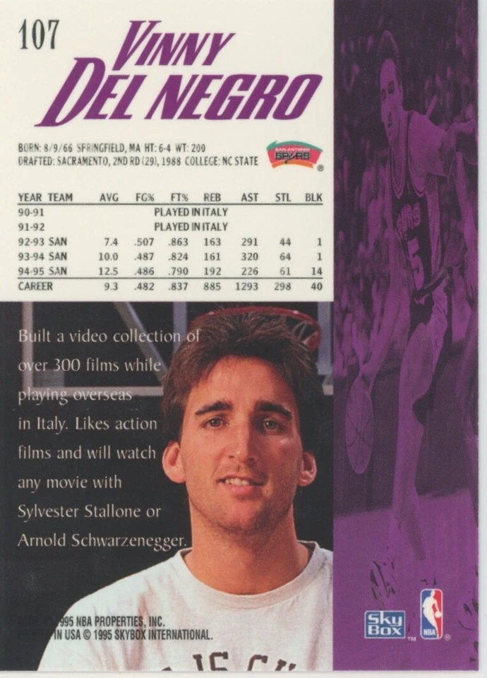 Vinny Del Negro 1995-96 SkyBox Premium #107 San Antonio Spurs Basketball - Image 2 of 2