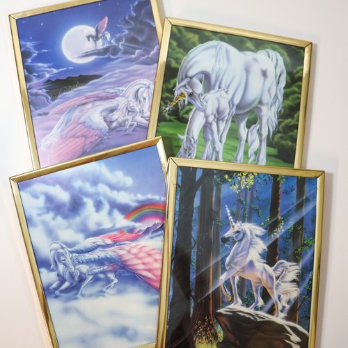 Vtg 80s Unicorn Prints in Frames Sue Dawe Wall Decor Picture Art 8x10 Carnival