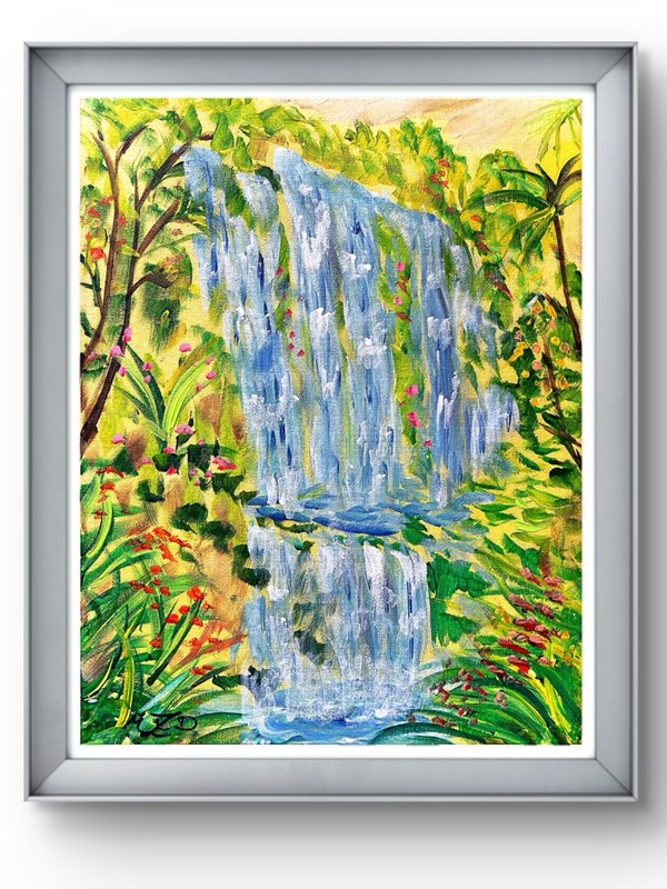 Loeb Bright & Colorful Jungle Waterfall Original Artisan 11 x 14  Wall Art Decor