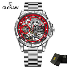 GLENAW men's automatic mechanical movement watch skeleton luminous pointer dial