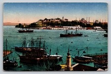 Vintage Constantinople Istanbul Harbor Ships Ottoman Empire Postcard c1900s