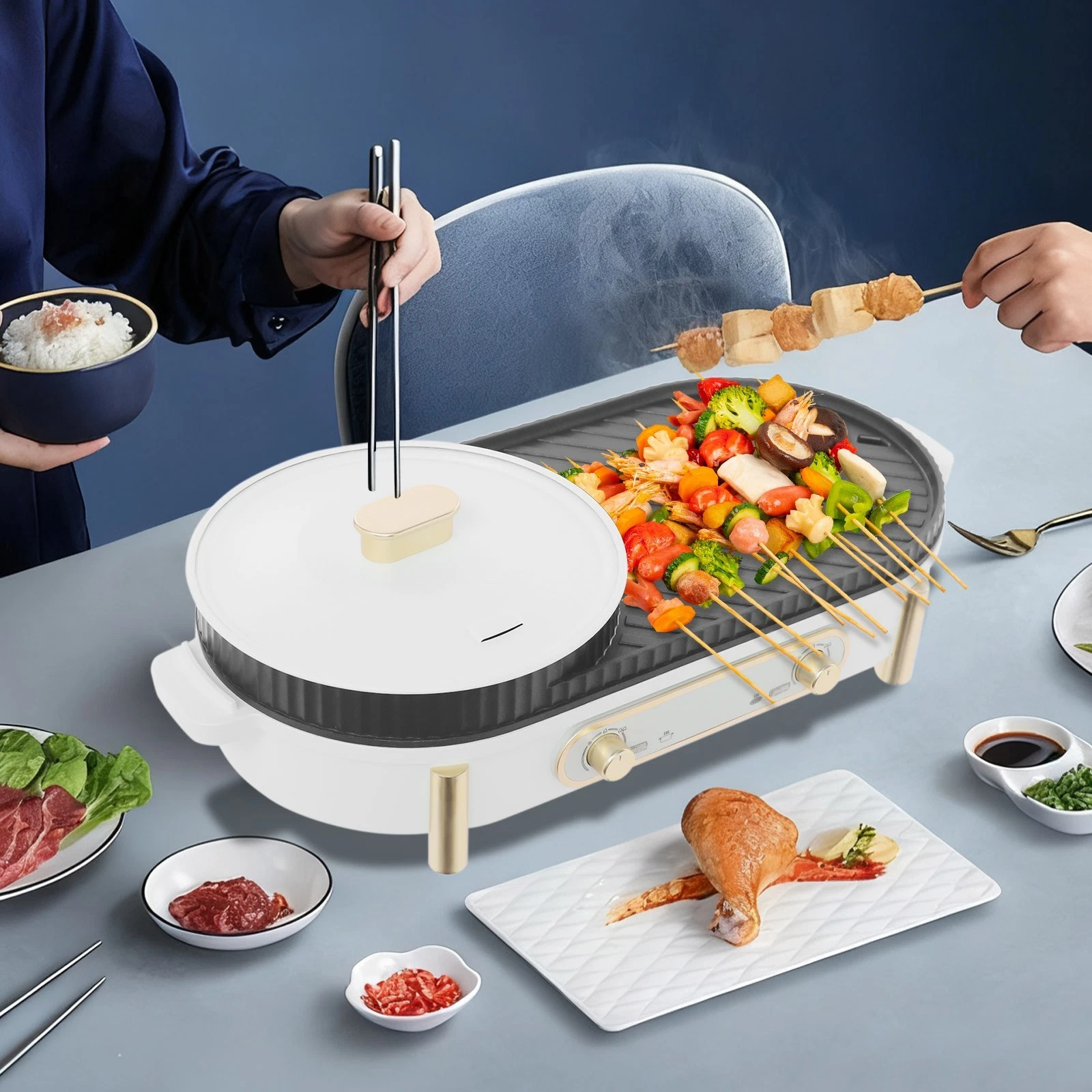 Electric Grill&Hot Pot 2-in-1 Hotpot Pot and Grill Plate with Independent Temper