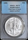1986 American Silver Eagle ANACS MS70 - FIRST YEAR KEY DATE - Blast White - Box