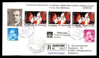 Cubierta de levantamiento de pesas Mayfairstamps España 1992 Reg Barcelona a Schwabenheim aaz_3