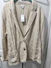 J. Jill Large Linen Blend Eyelet Floral Blazer Jacket Beige Tan Cottagecore