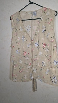 VTG 90s White Stag Linen Blend Floral Button Front Sleeveless Blouse Boho large