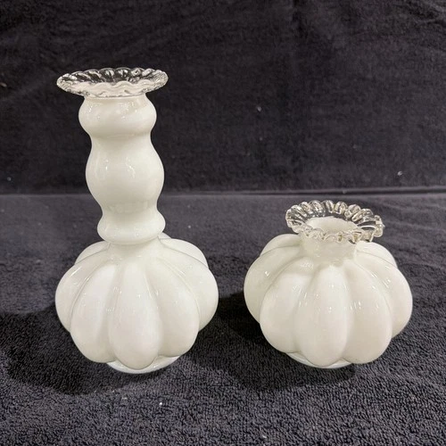 Vtg Fenton Milk Glass Silver Crest Double Ruffled Tall Melon Vases 7”, 4”