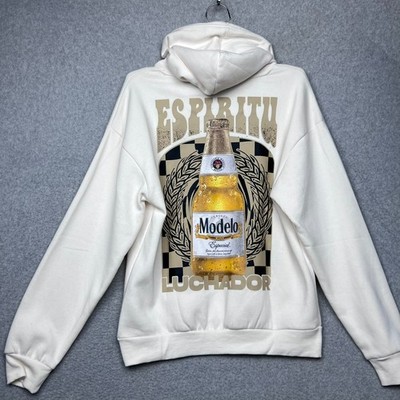 Modelo Especial Espiritu Luchador Hoodie White Beer Graphic Pullover Mens S Rare