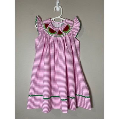 Lil Cactus EUC Girls Pink Striped Smocked Watermelon Dress Size 3T Cotton Summer