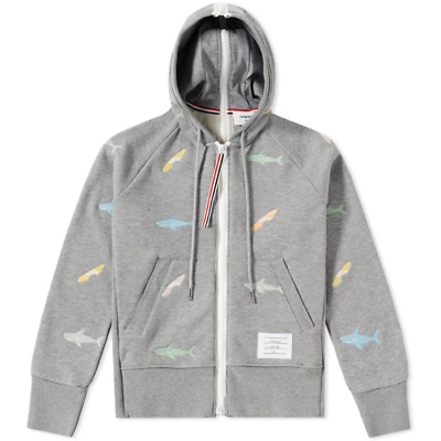 $1,530 THOM BROWNE Shark & Surfboard Embroidery Zip Grey Hoodie