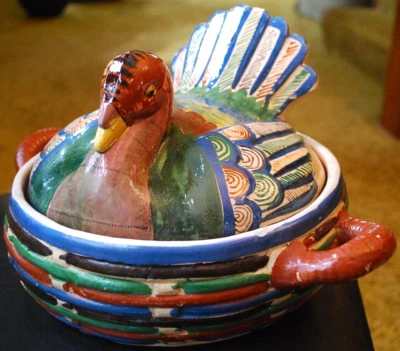 Mexican Turkey 1930s TLAQUEPAQUE FOLK ART POTTERY Casserole Covered Dish LARGE - Image 1 of 4