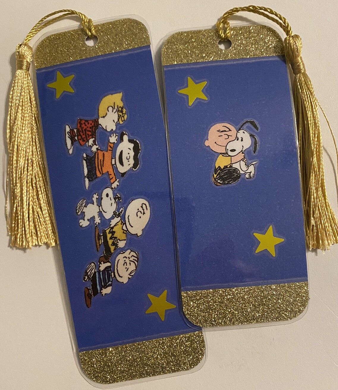 Set of 2 - Snoopy Peanuts Bookmarks with Tassel - Laminated with Glitter Borders