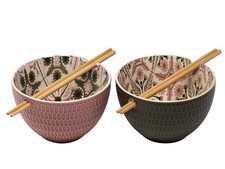 Patterned Noodle Rice Bowl Set with Chopsticks - Set of 2 - Pink Green